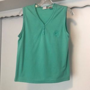 Bydesign tank top with slight V-neck with 3 buttons.  Ricrac details